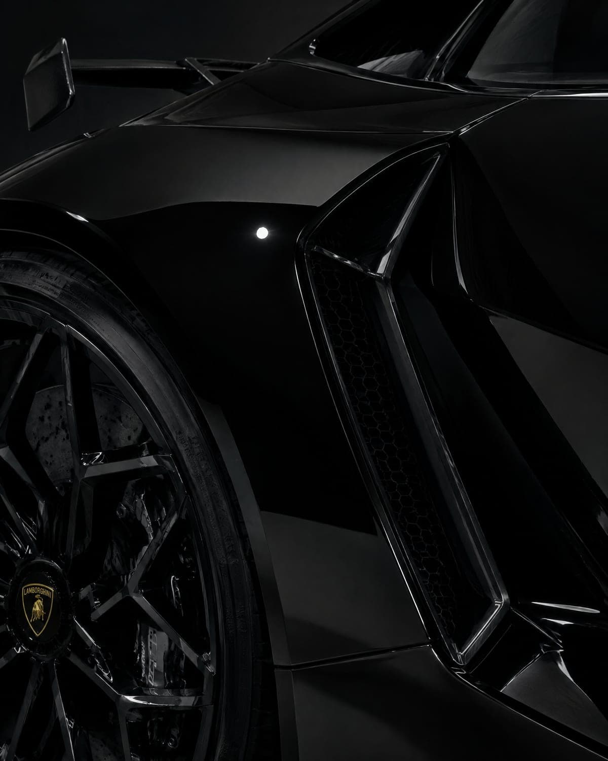 Black Lamborghini paint reflecting a point of light